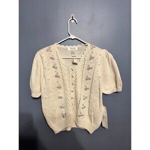 VTG Margules Short Sleeve Embroidered  Cardigan‎ SZ Med Cottage Grannt Core NOS